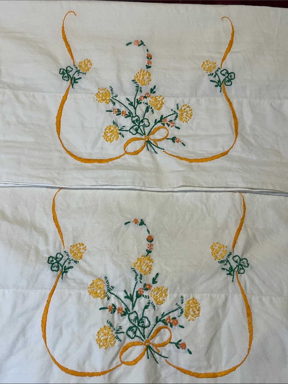 Set of 2, 1950’s Hand-Embroidered Pillowcases- As Is Condition- Light age spots